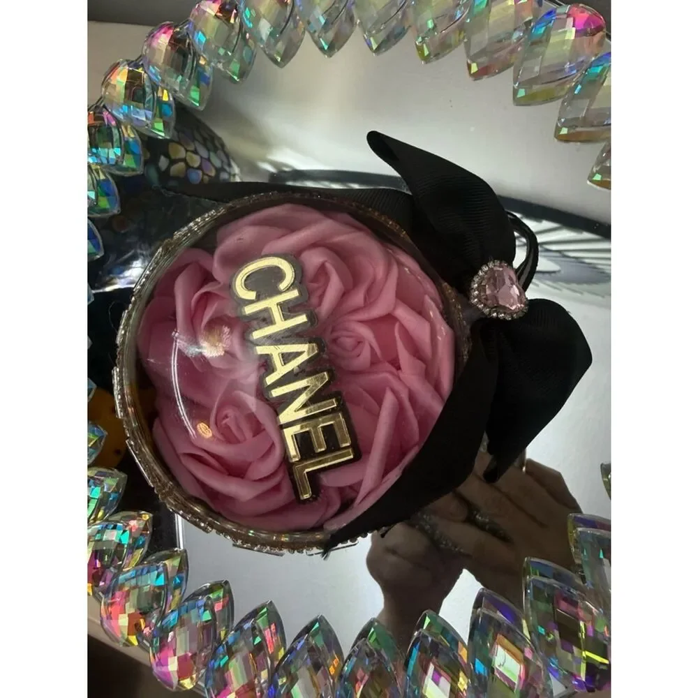 Luxury Pink Rose Ornament 4in Black Bow Gold Rhinestone Glam Chic Gift Decor